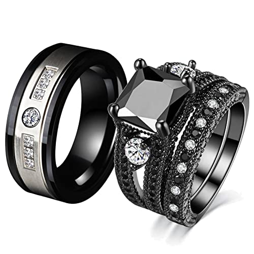 ringheart Couple Rings Matching Ring Black 1CT CZ White Gold Plated Women Wedding Ring Sets for Him and Her Rings