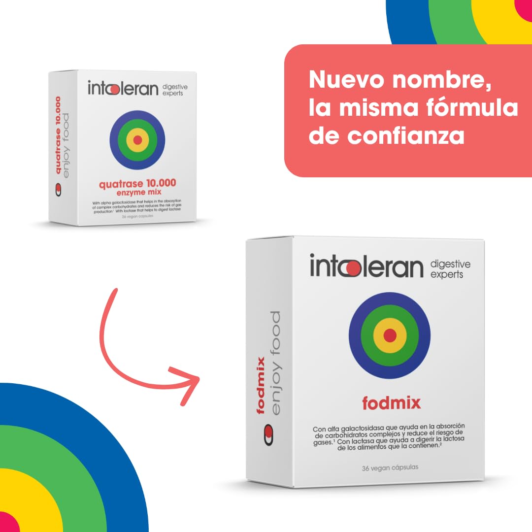 Intoleran Quatrase Forte - Enzimas digestivas para 4 FODMAPS: Lactasa 10,000 FCC + Xilosa Isomerasa 7.500 u + Alfa Galactosidasa 1.200 u + Invertasa 500 u - 36 Caps