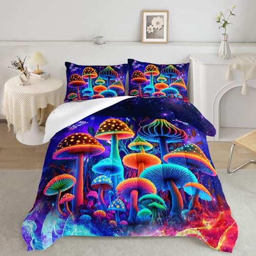 Image of AILONEN Kids Mushroom Bedding Set Queen Size,Starry Night Wild Fungus Duvet Set for Boys Girls,Colorful Mushroom Butterfly Comforter with 2 Pillowcases,3Pcs