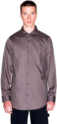 Armani Exchange Men's Subtle Cotton Jacquard Wording Shirt, Dark Gull Gray Strip