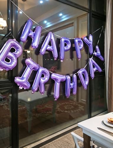 Image of Purple Happy Birthday Balloon Banner, 16 Inch Foil Letter Balloons, Purple Birthday Decorations for Women Girls Teens, Adult Birthday Party Photo Backdrop