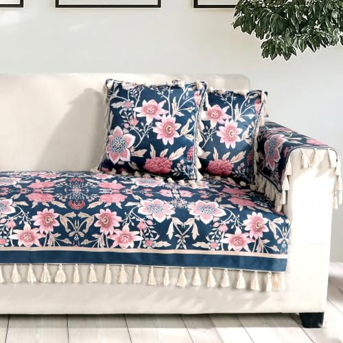Image of ishro home Premium Sofa Cover 3 Seater Protecter with 2 Handle Covers - Soft European Standard Fabric, Frill Design, Machine Washable | (Night Sapphire, 3 Seater, Seat Cover)