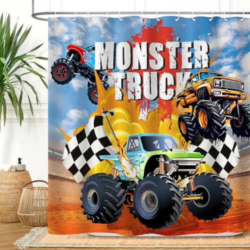 Image of Monster Truck Shower Curtain Cool Cartoon Racing Car Boy Home Bathroom Decor Waterproof Fabric 72Lx72W Inch with Plastic 12PCS Hooks
