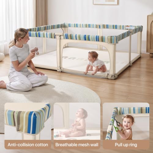 Image of Foldable Baby Playpen,Portable Play Pen for Babies 6-12 Months,59 inchx79 inch Playpen for Babies and Toddlers with Gate,Indoor & Outdoor Collapsible Baby Play Pen with Travel Bag(Khaki+Green Stripes)