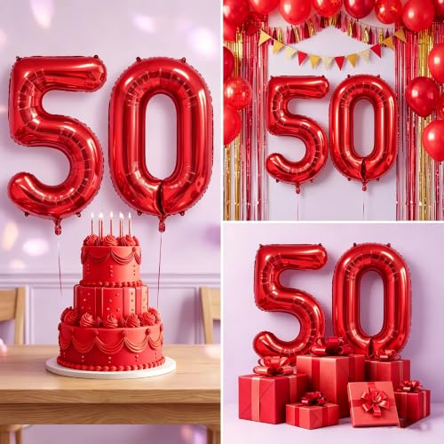 Image of Number Balloons Red Party Balloon - 40 Inch Large Number 50 Balloon, Numbers Balloon Birthday Decorations, Red Party Supplies for Anniversary