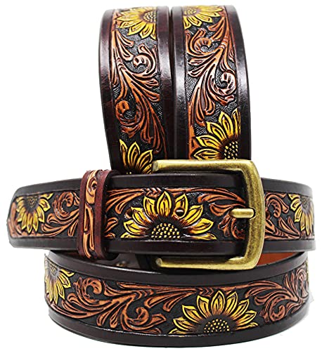 CHALLENGER 39-40 Western 1 1/2" Wide Rodeo Fashion Sunflower Tooled Leather Belt 26FK092