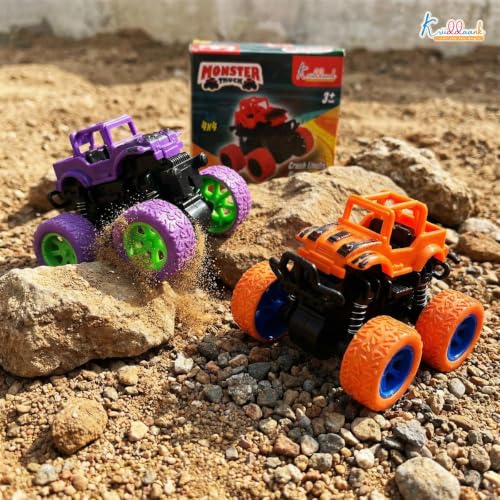 Image of Kriddaank Pack of 2 4x4 Monster Truck for Kids - Friction Powered Stunt Cars with 360 Spin Action - 4WD Push and Go Toy Vehicles for Toddlers, Boys & Girls Aged 3-7 Years (Multicolor)