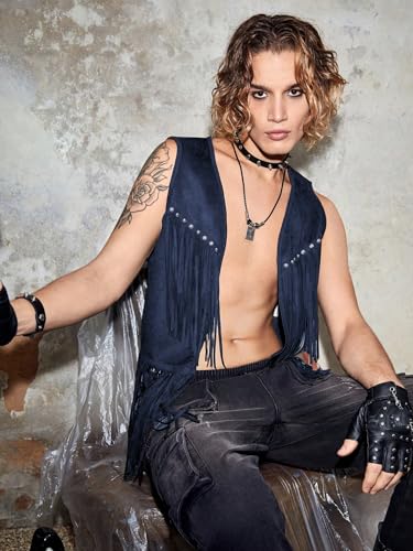 Image of Verdusa Men's Sleeveless V Neck Studded Detail Fringe Trim Open Front Vest Jacket