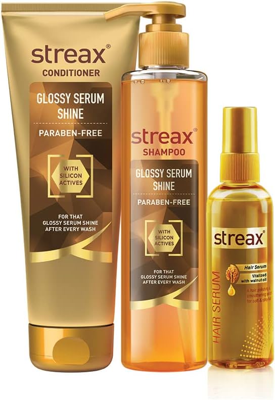 Streax Glossy Serum Shine Shampoo+ Conditioner with Walnut Hair Serum (3 Step Regime For Shine That Stays All Day Long)