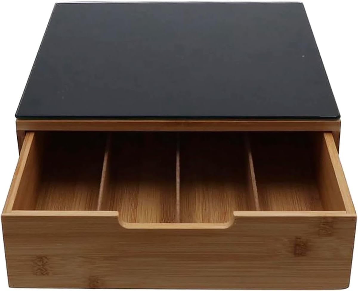 Avilia Cassetto Porta Cialde e Capsule in Bambù con Ripiano in Vetro Temperato nero, 31.5x30x10 cm, Ideale per Organizzare Caffè, Tè e Tisane