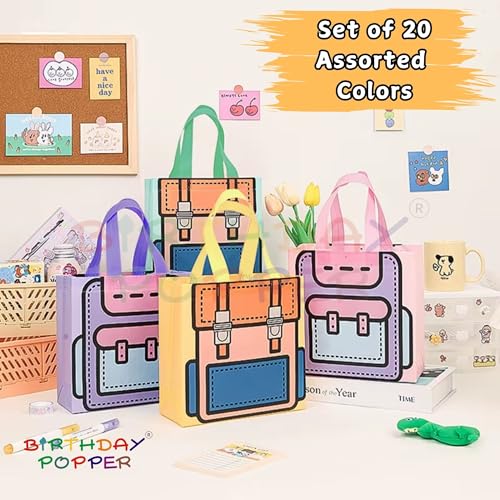 Image of Birthday Popper Goody Bags (Schoolbag Pattern) as Birthday Return Gifts for Kids - Set of 20 - Size: 22 x 22 cm -with Handles - Candy Treat Gift Bags