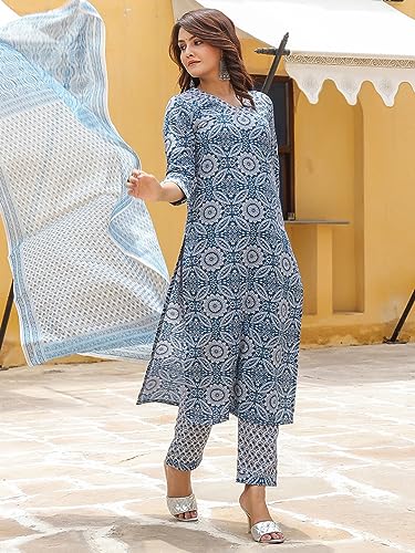 Image of GoSriKi Women's Cotton Blend Straight Printed Kurta with Pant & Dupatta