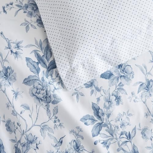 Image of Martha Stewart - Twin Comforter Set, 100% Silky Smooth Cotton Sateen Floral Bedding for Year Round Comfort, 2 Piece Bed Set with Matching Pillowcase (Songbird Blue)