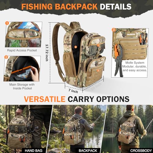 Image of PLUSINNO Fishing Gear Fishing Backpack with Tackle Box, Waterproof tackle Backpack with Rod Holders, Lures, Tools, Pliers & Accessories, Fish Gifts for Men