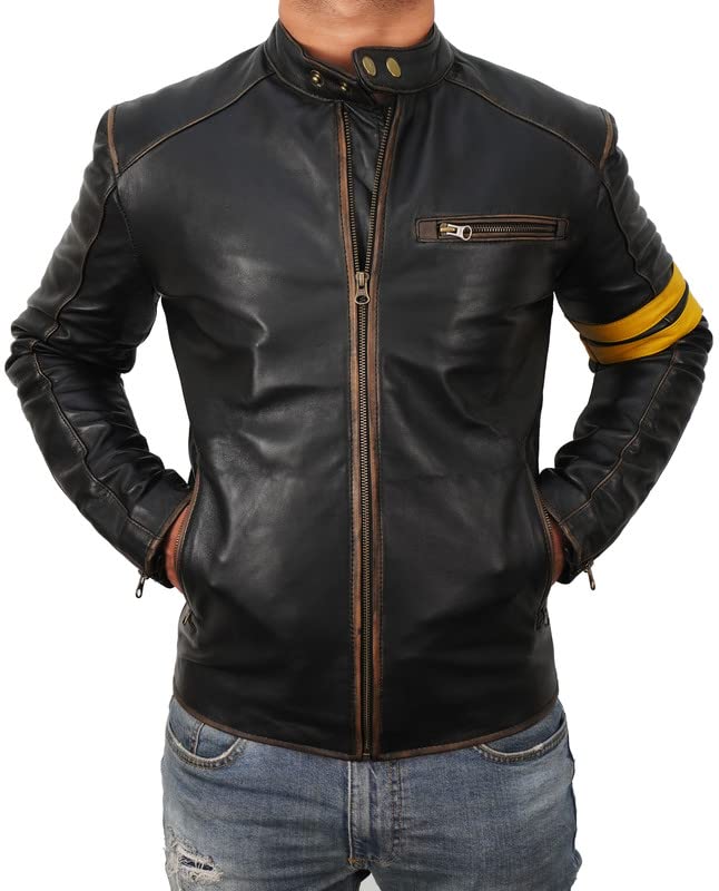 Fashion_First Men's Cafe Racer Retro Biker Vintage Distressed Black Genuine Leather Motorcycle Jacket
