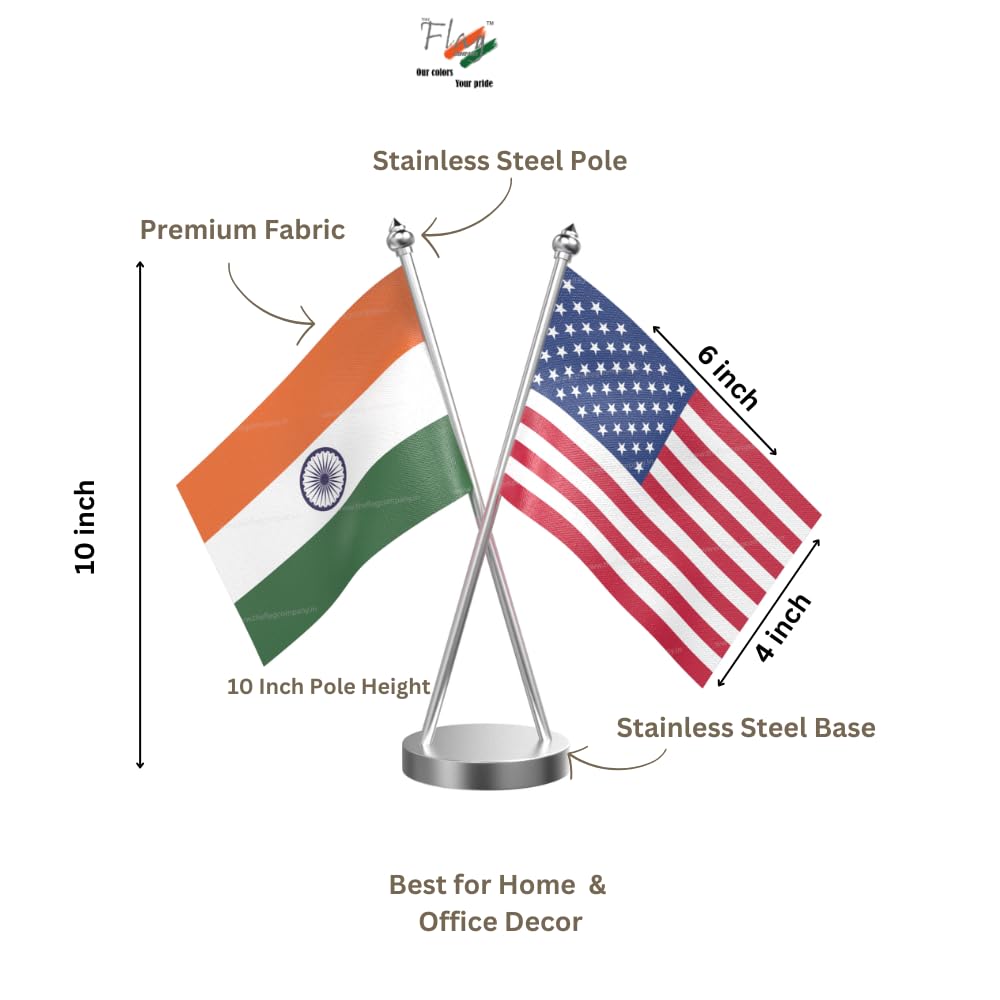 The Flag Company India & USA Cross Desk Flag with Stainless Steel Pole & Base | 4 x 6 Inch Double National Flags | 10-Inch Pole Height | Premium Table Flag Stand for Office, Conference & International Business Meetings 4