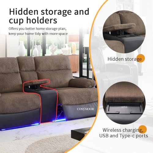 Image of Corduroy Power Recliner Sectional Sofa Set with LED Light,L Shaped Corduroy Sectional Set with 5 Recliner Seats,Modular Sofa and Loveseat with USB Port for Living Room Furniture
