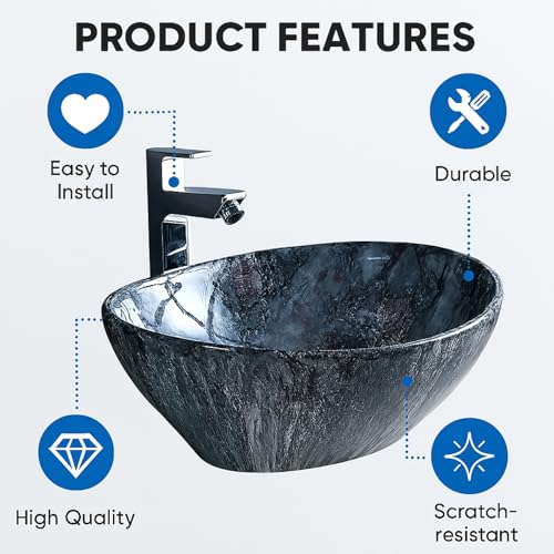 Image of Ceramic Tabletop Wash Basin - Glossy Bowl Shape Countertop Vessel Sink with Marble Finish for Bathroom & Vanity | Compact 16 x 13 x 4.5 Inch | Elegant Washbasin