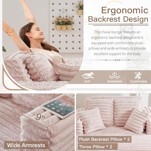 Image of JEEOHEY 56 inch Oversized Chaise Lounge Chair Indoor,Plush Faux Fur Sleeper Sofa Couch Bed with Pillows&Wide Armrests,Fluffy Comfy Cloud Couch,Compression Foam Couch for Living Room,Bedroom(Pink)