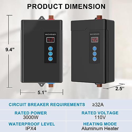 Jhivegym 3000W Electric Tankless Water Heater,Instant Hot Water Heater On Demand Water Heater Under Sink With Remote Control,110V Digital Display On Demand Hot Water Heater thumb #2