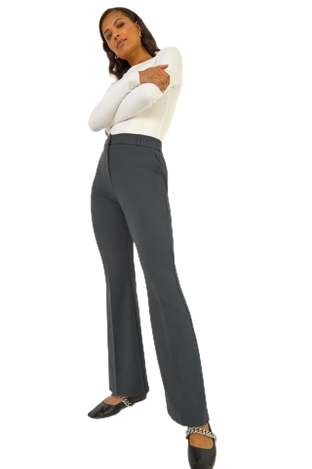 Roman Women's Dark Grey Long Bootcut Stretch Trousers In | Size: 20