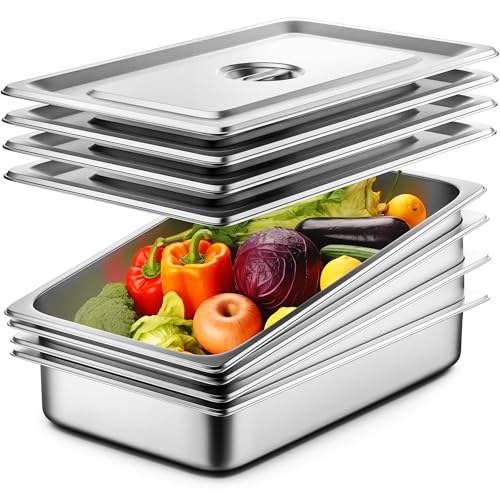 Comparison: Best Stainless Restaurant Pans 10 ZeroPone 4 Pack Hotel Pans with Lids, 1/1 Size 4" Deep Steam Table Pans, Full Size Stainless Steel Food Pan 22 Gauge Anti Jam 20.8" L x 12.8" W Commercial Food Storage Containers