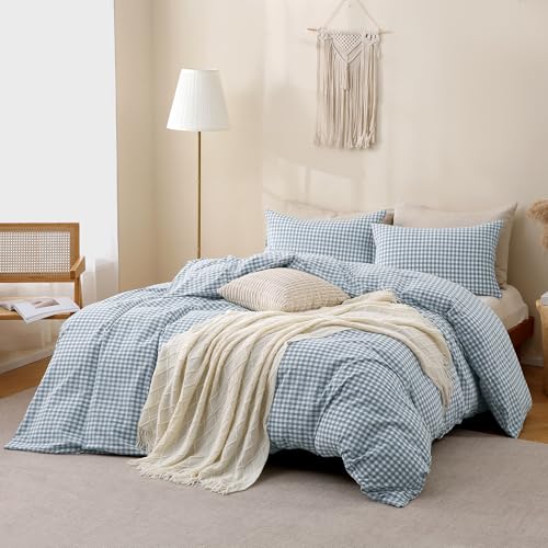Image of TOCOMOA Blue Gingham Duvet Cover Bedding Set 100% Washed Cotton Like Linen Feel Super Soft Comfortable 3 Piece Vintage Plaid Checkered Comforter Cover Set (King 104 inchx90 inch, Comforter Not Included)