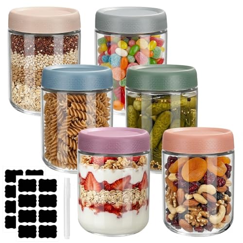 WGIDSKKI 6 Stück Overnight Oats Gläser 500ML Einmachgläser Meal Prep Gläsermit Schraubdeckel und Aufkleber und Stift für Joghurt Hausgemachte Marmelade Salat Pudding Chutney