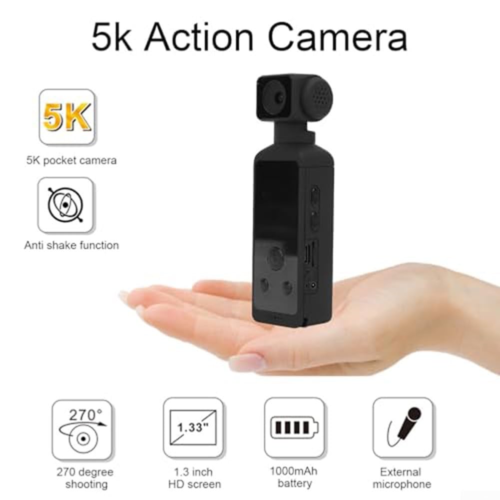 QOXEZY Caméra d'action portable 5K avec rotation à 270 degrés et microphone intégré pour les aventures en plein air, les vlogs et la plongée, corps en ABS léger (noir)
