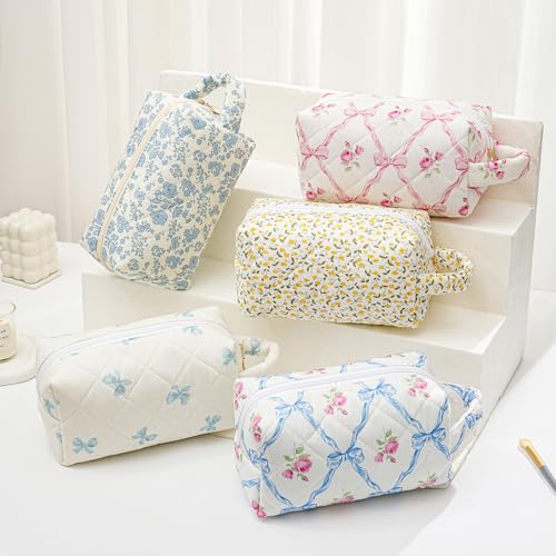 Gleyemor Cute Small Quilted Makeup Bag for Women, Floral Cotton Cosmetic Bag, Toiletry Pouch Travel Essentials Christmas Gifts (Blue Floral)4