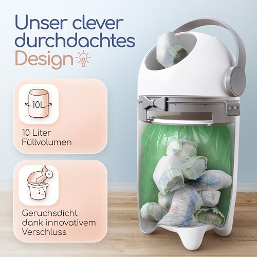 Levias® Windeleimer Baby Mülleimer Geruchsdicht | Windelmülleimer Geruchsdichter Wickeleimer ohne teure Nachfüllkassetten 10L Volumen