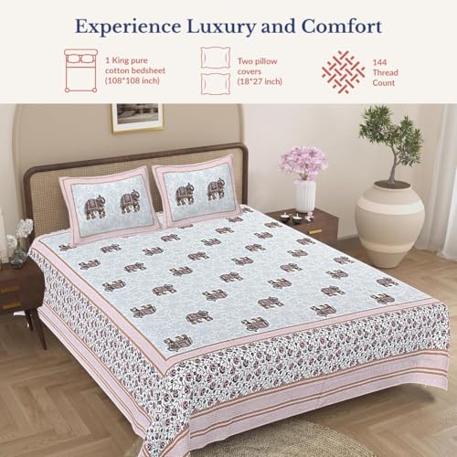 Image of Jaipur Weaves Bedsheet King Size 100% Pure Cotton 144TC Bed Sheet with 2 Pillow Covers, Super Soft Cozy Bedsheets Set,108x108 inches / 9ftx9ft (Elephants Pink, Super King)