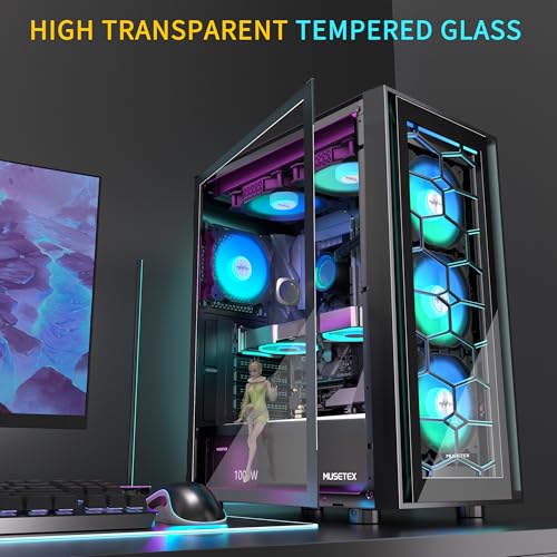 MUSETEX ATX PC Case 6 PWM ARGB Fans Pre-Installed, Mid Tower Gaming PC Case with Double Tempered Glass, USB 3.0 x 2 Computer Case, Black, G07 by MUSETEX - Used condition - Image 3