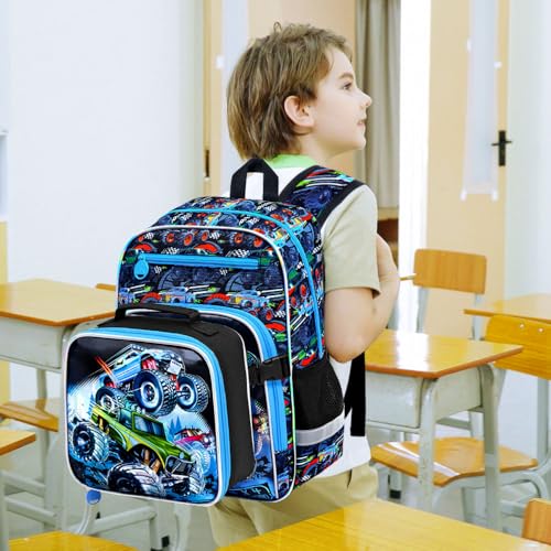 Image of WZLVO 3PCS Truck Bookbag for Boys, 16 inch Cool UV Printing Kids Preschool Backpack /School Bag with Clip-On Lunch Bag & Pencil Bag for Kids to Elementary - Truck Green