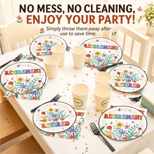 Image of 100 Pcs Flower Retirement Party Plates and Napkins Set Happy Retired Birthday Party Decorations Supplies Paper Dessert Tableware Vintage Farewell Themed Favors for Birthday Decorations Serves 25