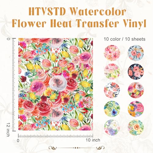 HTVSTD Lot de 10 vinyles de transfert de chaleur en forme de fleur aquarelle - 12 x 10 cm - Transfert thermique floral HTV - Vinyle HTV à motifs - Repassage sur vinyle pour t-shirts – vue 2