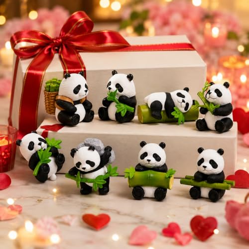 Image of Cute Panda Miniature Figurines Set of 8 for Home Decor | Kawaii Pandas Showpieces with Bamboo | Animal Statues for Desk, Car Dashboard, Shelf Decoration for Girlfriend,Kids (8 Cute Panda)