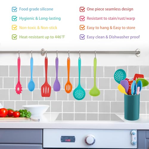 Kitchen Utensil Set, Homikit 12 Piece Cooking Utensils, Silicone Kitchen Utensils Set with Holder, Heat Resistant Kitchen Tools Include Spoons Turner Spatula Tong for Non-Stick Cookware, Multicolor - Image 4
