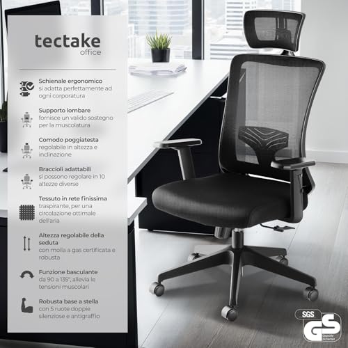 ® Sedia da Ufficio Ergonomica Tessuto a Rete, Schienale Alto con Poggiatesta Regolabile, Sedia Ufficio con Supporto Lombare, Altezza Regolabile, Braccioli Regolabili in 10 Posizioni - Nero - Sedia gaming - Immagine 2