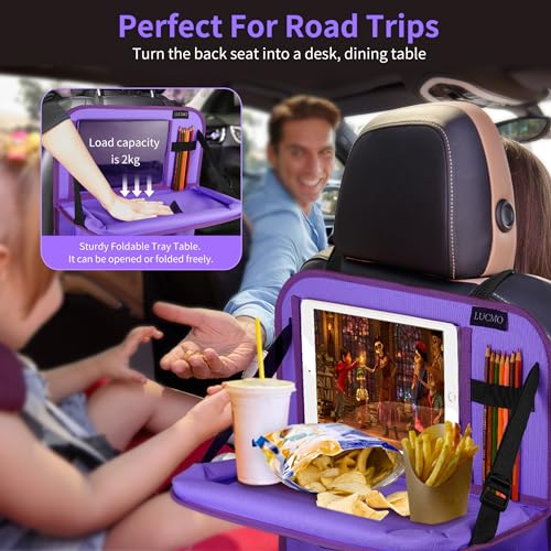 Image of LUCMO Car Backseat Organizer with Foldable Tablet Holder, Dark Purple | 6 Storage Pockets,Foldable Food Tray,Protectors Kick Mats,Travel Accessories,Seat Cover,Road Trip Essentials
