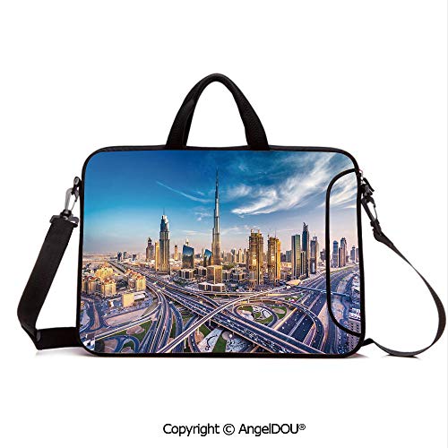 AngelDOU Laptop Sleeve Notebook Bag Case Messenger Shoulder Laptop Bag Panoramic View of Dubai Arabian Cityscape High Rise Buildings Traffic Roads Compatible with MacBook HP Dell Lenovo Blue Ivory M