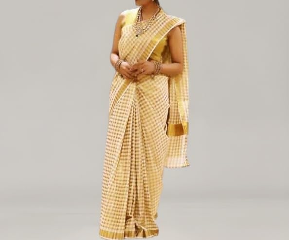 WiMO ready to wear saree, 1 minute saree, traditional Kerala kasavu saree, quality handloom cotton, running blouse with zari border