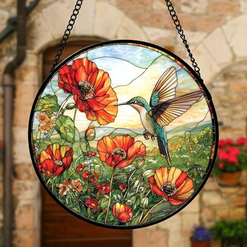 Image of DASTOLL Stained Glass Window Hanging, Hummingbirds Orange Flowers Suncatcher Diamond Glass Panel Hangings Sun Catchers Decor for Birthday for Women, Men, Wife, Aunt, and Mom 6.3 in