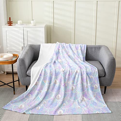 Mermaid Scale Fleece Blanket Queen,Purple Fish Scale Fuzzy Blanket For Kids Teens,Sparkling Pearls Throw Blanket Ocean Marine Theme Flannel Plush Blanket,Pastel Mermaid Room Decor For Girls Bedroom #TOP1