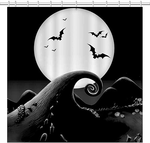 Miniatura 4 de Cortinas de ducha negras de Halloween de 72 x 72 pulgadas, diseño de Halloween, decoración de baño para niños, decoración de baño, murciélagos, luna