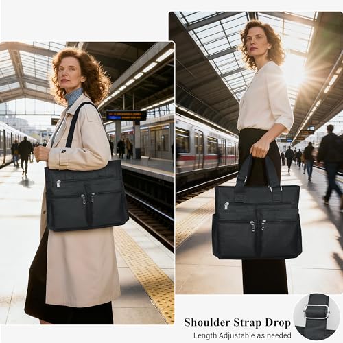 VOLGANIK ROCK Canvas Tote Bag Waterproof Nylon Multi Pocket Shoulder Bags Laptop Work Bag Teacher Purse and Handbags for Women & Men (Black)