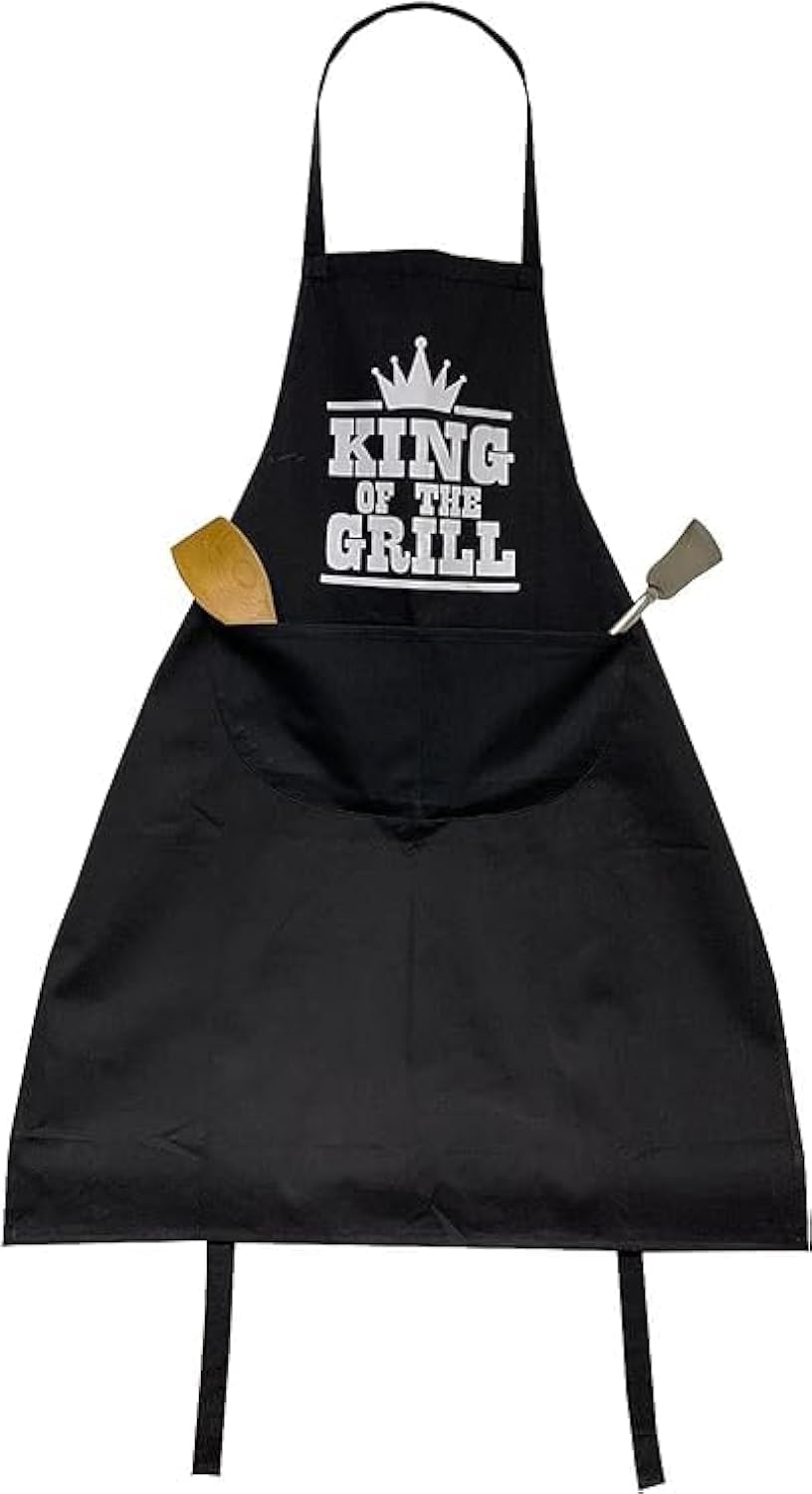 BITALY King of the Grill BBQ Apron for Men with Front Pocket – Funny Grilling & Cooking Apron Gift for Dad, Husband & BBQ Lovers – One Size 68 x 90 cm – Black & White Novelty Kitchen Apron