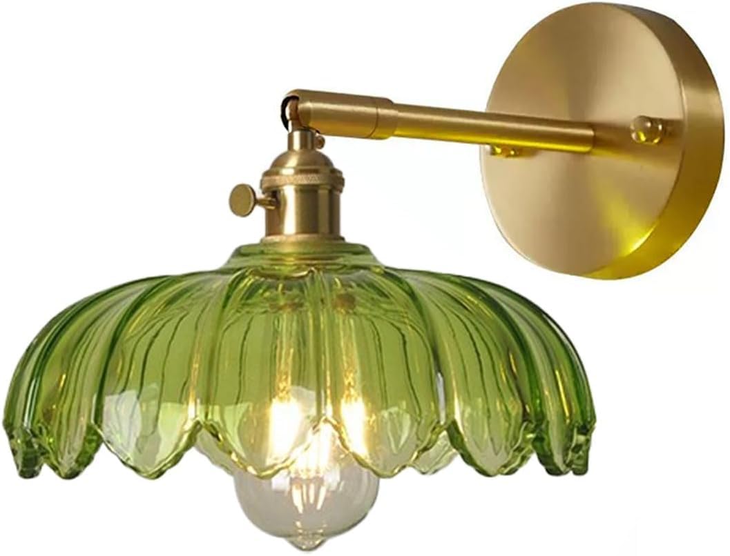 KBUUKYYXouy Brass Wall Sconce Indoor Green Glass Ribbed Flower Wall Sconce Adjustable Bathroom Vanity Wall Light Mid Century Modern Wall Mounted Lamp for Bedroom Living Room Hallway Farmhouse