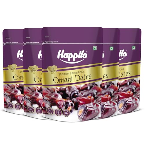 Image of Happilo Premium International Omani Dates 250g (Pack of 5), Fresh and Soft Dry Fruit, Rich in Fiber, Iron and Vitamin