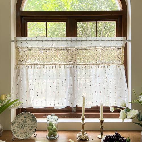 Boho Rainbow Pompom Sheer Valance Splicing Crochet Tier Curtain Macrame 1PC